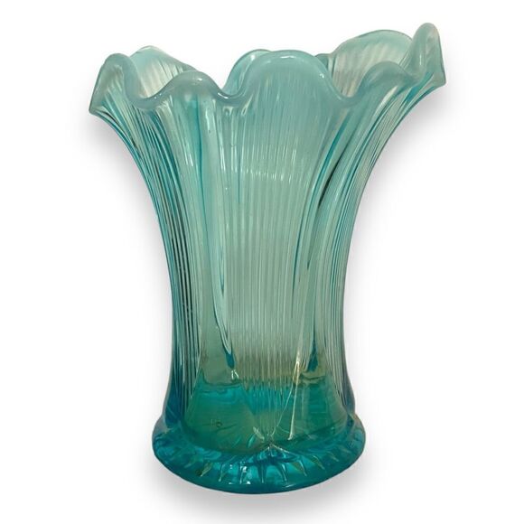 Vintage Northwood Opalescent Ribbed Vase Aqua - Picture 1 of 6